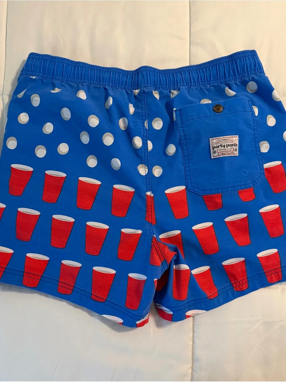 Men's Blue Party Print Swim Shorts with Red Cup Motif